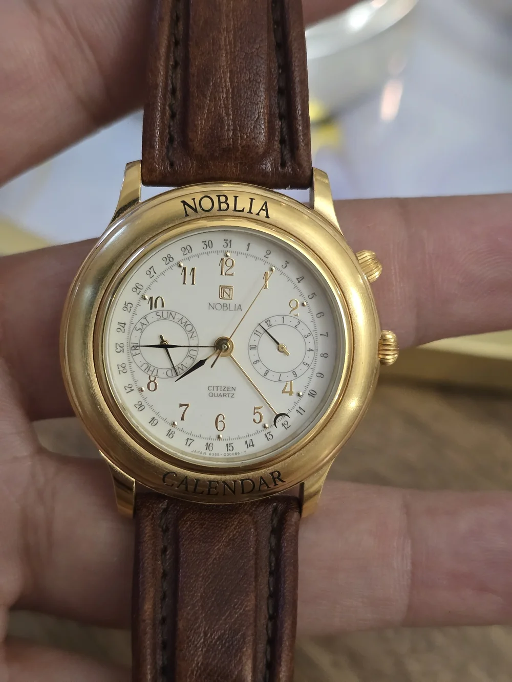 Citizen Gold-Tone Calendar Watch with Brown Leather Strap